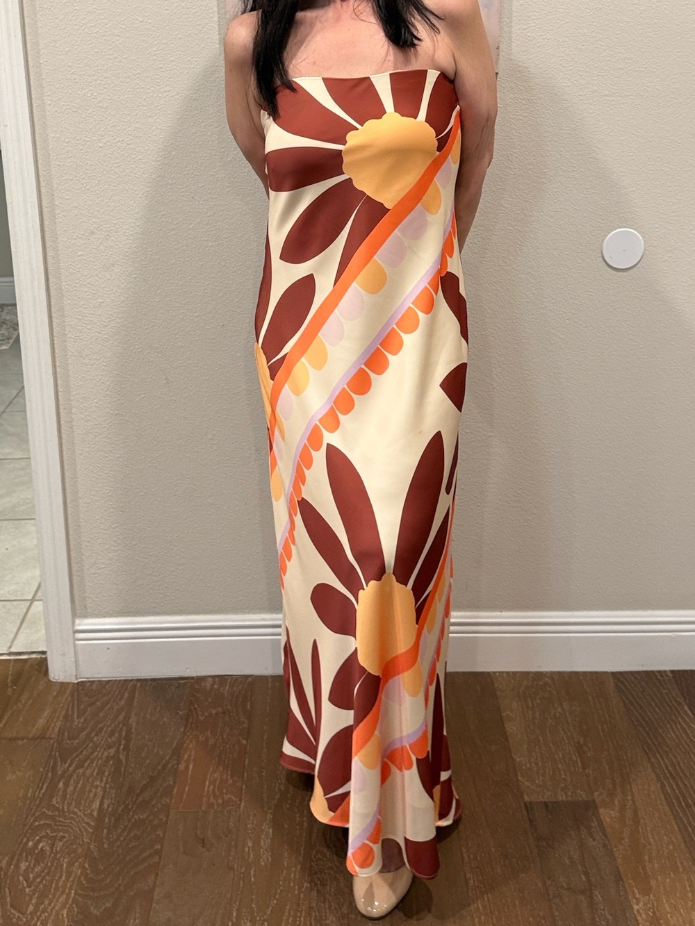 Gianni Bini Strapless Floral Maxi Dress in Cream, Brown and Orange - Picture 2 of 11